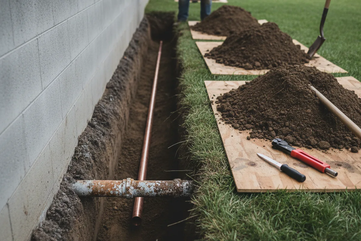 Excavated water line trench during Sewer Line Repair in Wenham
